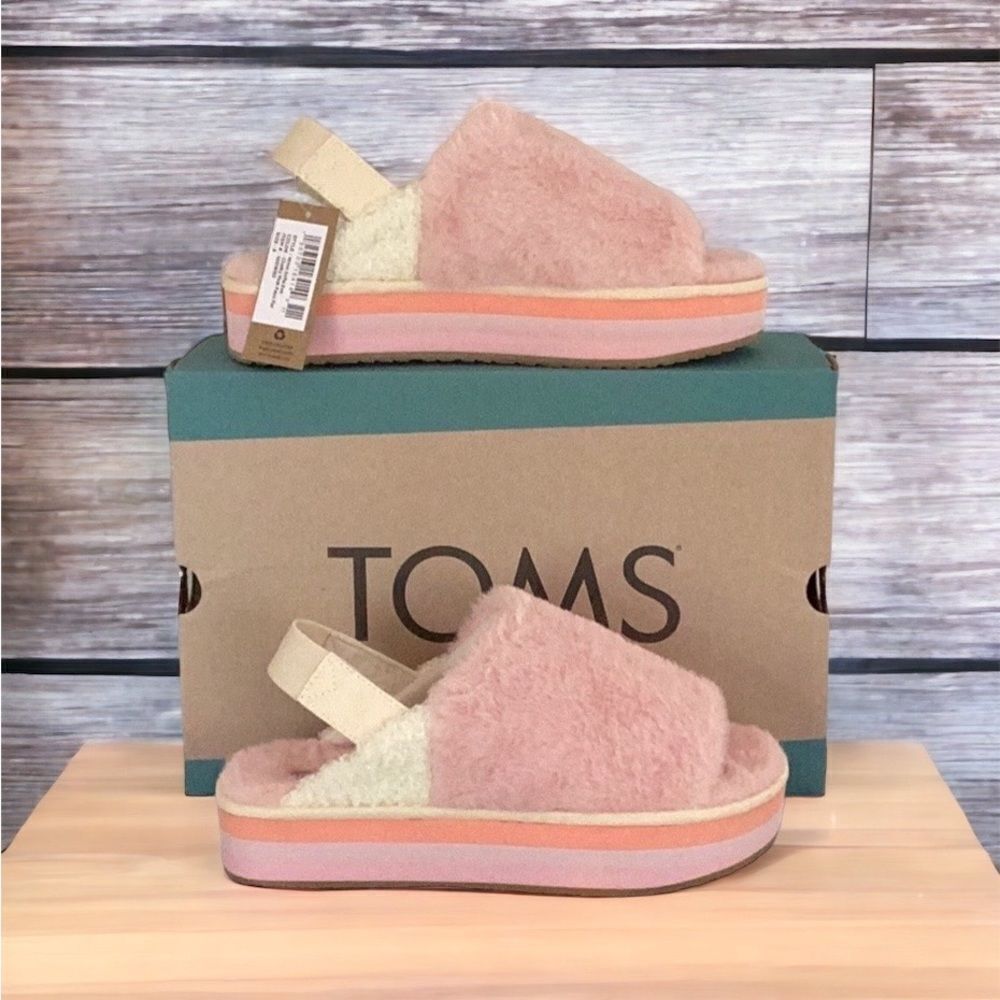 TOMS NEW IN BOX WOMENS SOFIA EVA CHALKY PINK FAUX FUR SLING BACK SHOE PLATFORM - Picture 1 of 10